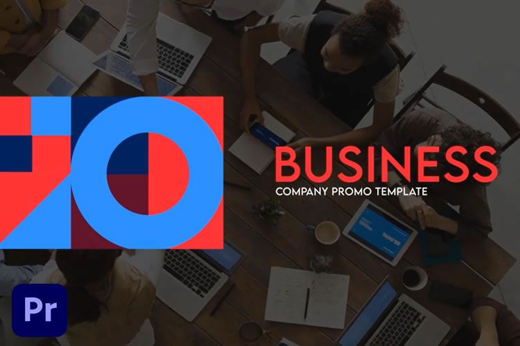 Vista aérea de pessoas em reunião de negócios ao redor de mesa com laptops, sobreposta por gráfico promocional de empresa com logotipo e texto 