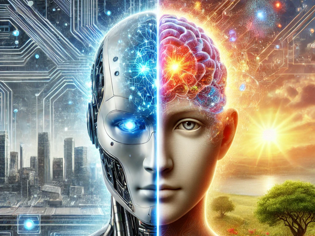 Metade de um rosto robótico e metade de um rosto humano sobrepostos, ilustrando a conexão entre tecnologia avançada e a mente humana, com cenas de cidade e natureza ao fundo.