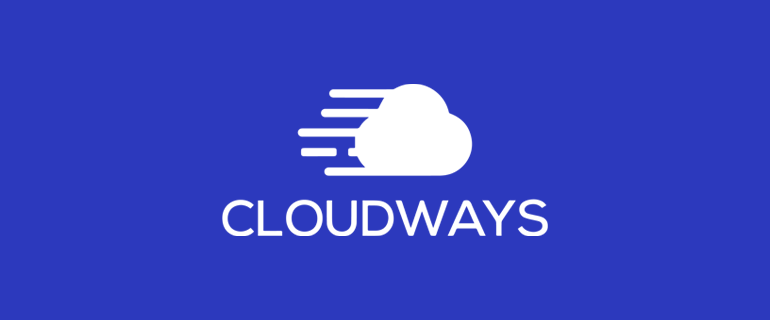 Logotipo da Cloudways em fundo azul: ícone de nuvem branca com três linhas que representam velocidade à esquerda da palavra 