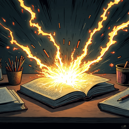 Um livro aberto em uma mesa irradia luz e faíscas intensas, cercado por material de escrita e outros livros, em um ambiente escuro iluminado apenas pelo livro.