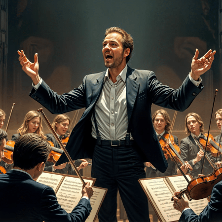 Maestro emocionado rege orquestra de cordas em sala iluminada, expressando paixão e energia enquanto músicos tocam atentamente.