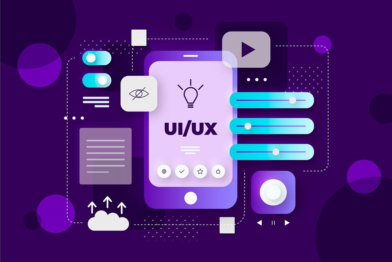 Ilustração de interface de usuário em estilo gráfico estilizado com elementos variados como ícones, barras deslizantes e botões sobre um fundo roxo.