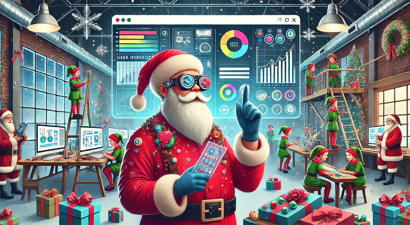 Papai Noel moderno usando óculos high-tech em uma oficina repleta de elfos criando presentes, cercado por gráficos interativos e decorações natalinas.