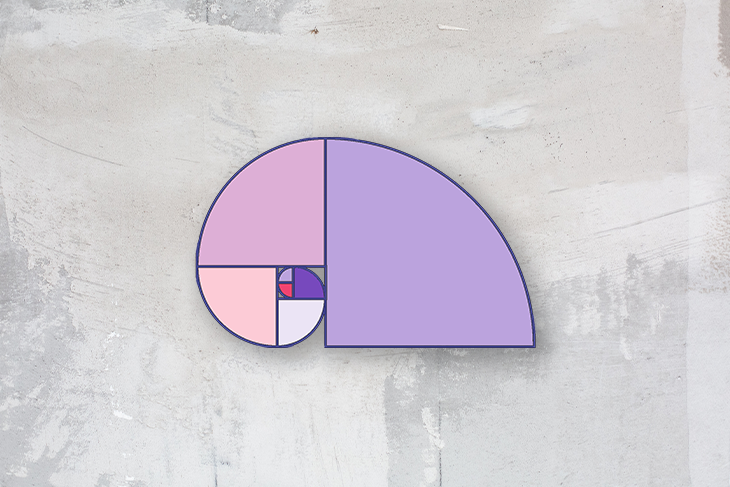 Gráfico geométrico na forma de semicírculo com setores em diferentes tons de roxo e rosa sobre um fundo de concreto cinza.