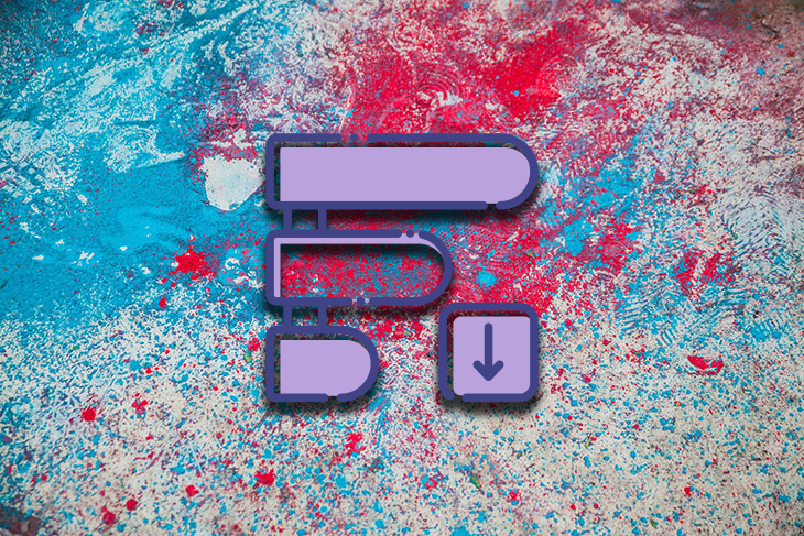 Ícones de interface do usuário em tons de roxo sobre um fundo texturizado com respingos de tinta colorida em azul, vermelho e branco.
