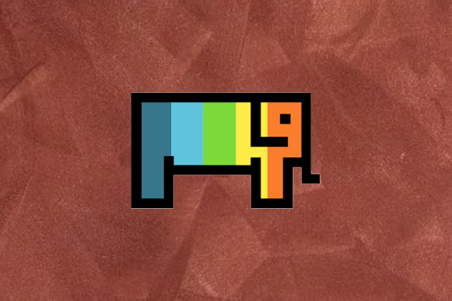 Ilustração pixelizada de um elefante com diferentes cores em blocos retangulares sobre um fundo de textura marrom.