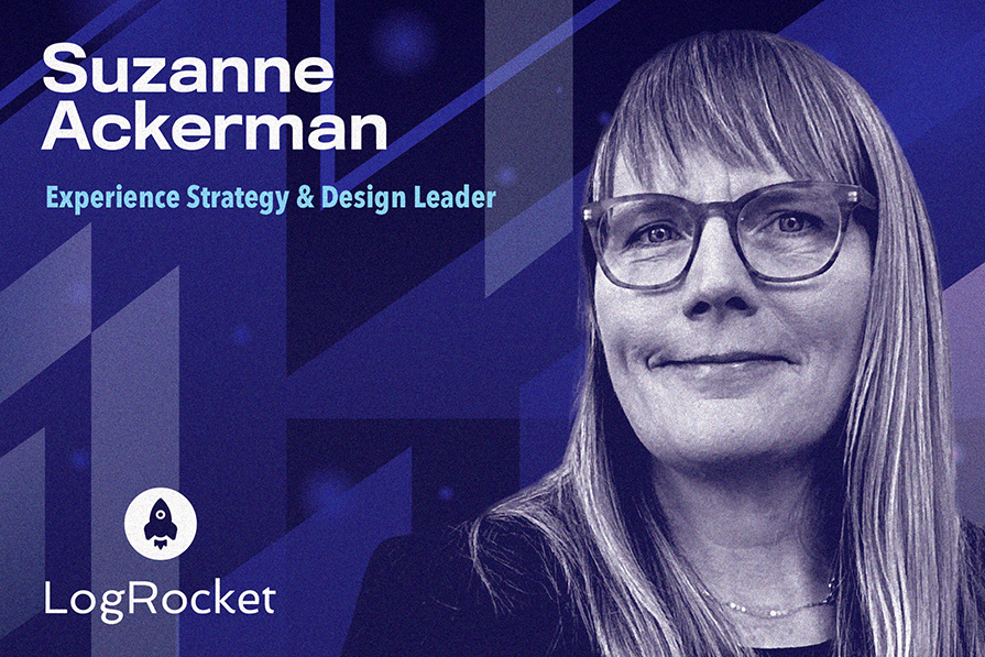 Retrato estilo profissional de Suzanne Ackerman, mulher com óculos, contra um fundo gráfico azul com seu nome e título 