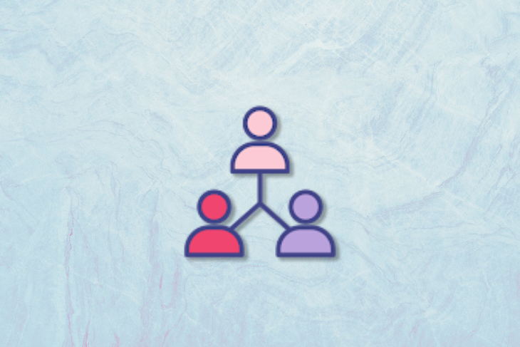 Ilustração de três figuras estilizadas em forma de pirâmide, representando uma equipe ou família, sobre um fundo texturizado azul claro.