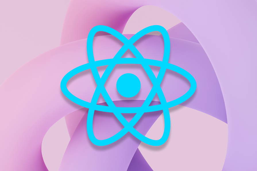 Ícone azul em forma de átomo sobre fundo rosa e lilás com formas abstratas suaves.