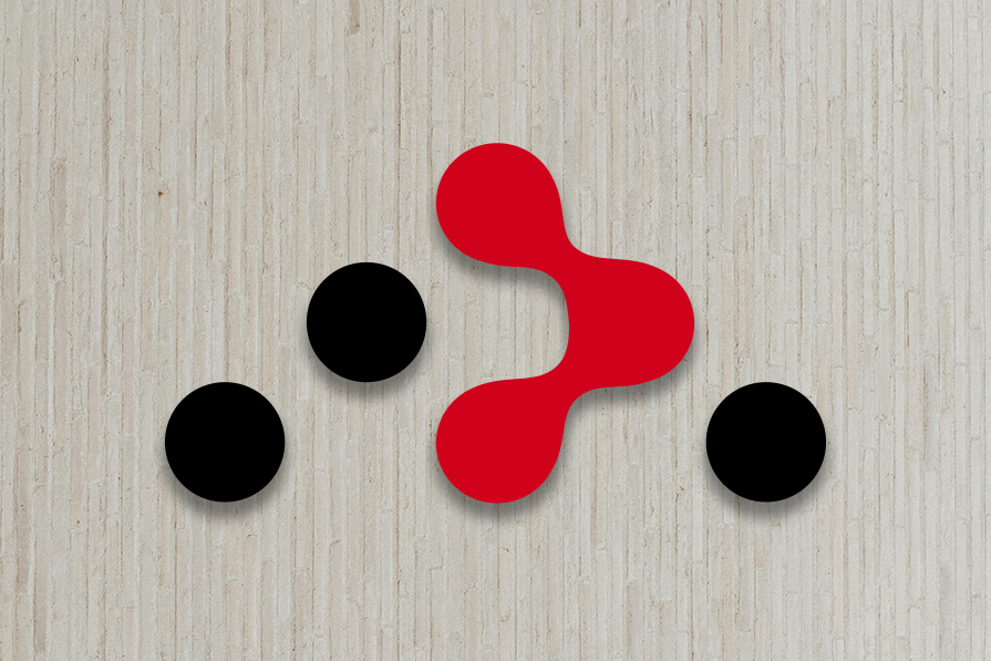 Fundo texturizado claro com uma figura geométrica vermelha ao centro, assemelhando-se a um spinner, e três círculos pretos próximos.