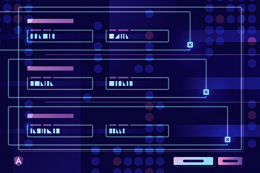 Ilustração mostrando um layout estilizado de interface de usuário com barras de progresso, botões e caixas de diálogo em tons de azul e roxo sobre um fundo escuro com pontos luminosos.