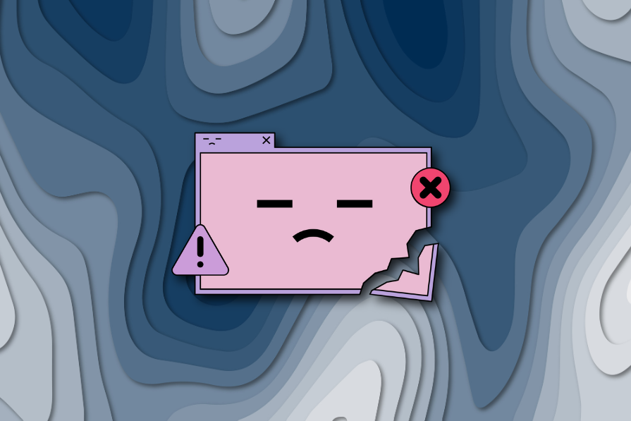 Janela de erro de computador antropomorfizada com expressão triste e parte inferior quebrada, sobre fundo abstrato azul ondulado.
