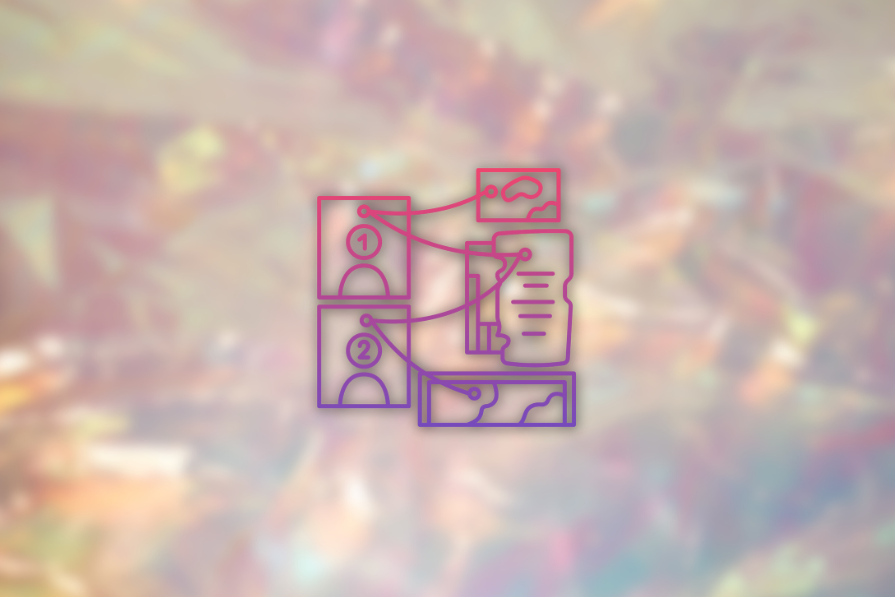 Ilustração vetorial de ícones conectados representando diferentes elementos digitais sobre um fundo desfocado multicolorido.