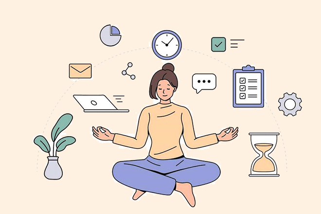 Ilustração de uma mulher meditando com as pernas cruzadas. Ao seu redor, ícones de relógio, email, laptop, checklist, engrenagem e ampulheta, simbolizando gestão de tempo e tarefas.