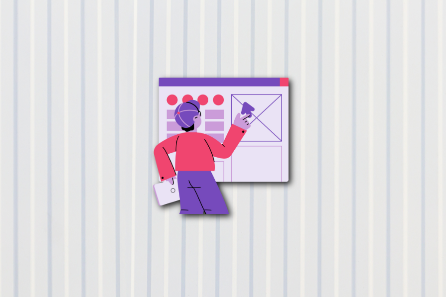 Ilustração de uma mulher com apresentação de slides apontando para um gráfico. Ela veste rosa e roxo e está de perfil em um fundo listrado.