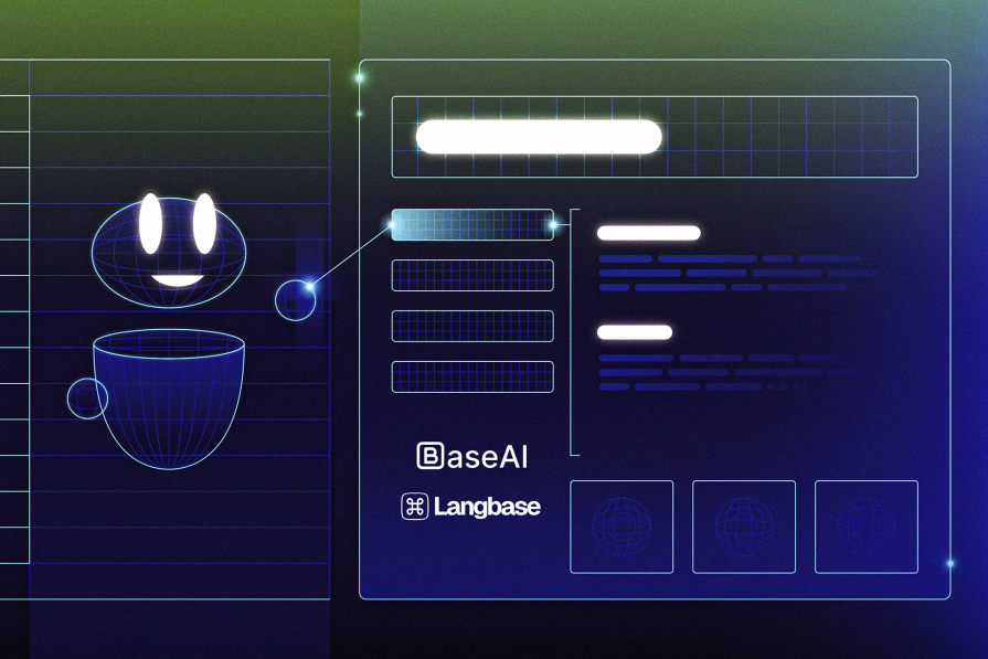 Interface futurista com elementos gráficos azuis em neon, incluindo um sorriso e uma xícara, sobre um fundo escuro esverdeado. Logos 