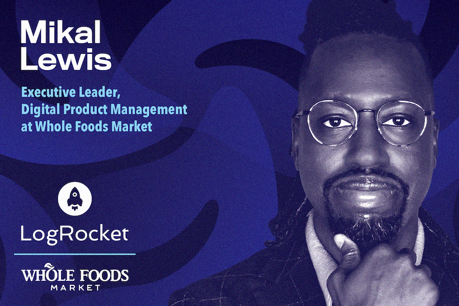 Homem com óculos e gesto pensativo, com texto sobre sua carreira em gerenciamento de produtos digitais na Whole Foods Market. Logotipos de LogRocket e Whole Foods ao fundo.