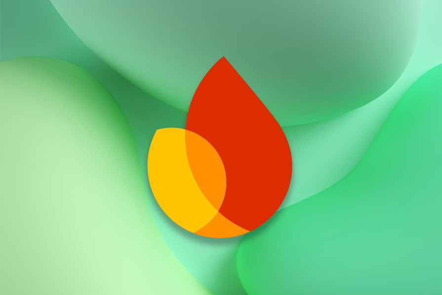 Formas abstratas com cores vibrantes, incluindo um fundo verde em degradê e três gotas sobrepostas em vermelho, amarelo e laranja.