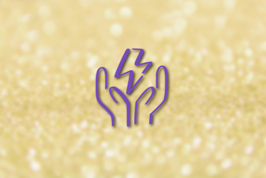 Ícone roxo de mãos segurando um raio contra um fundo desfocado amarelo brilhante.