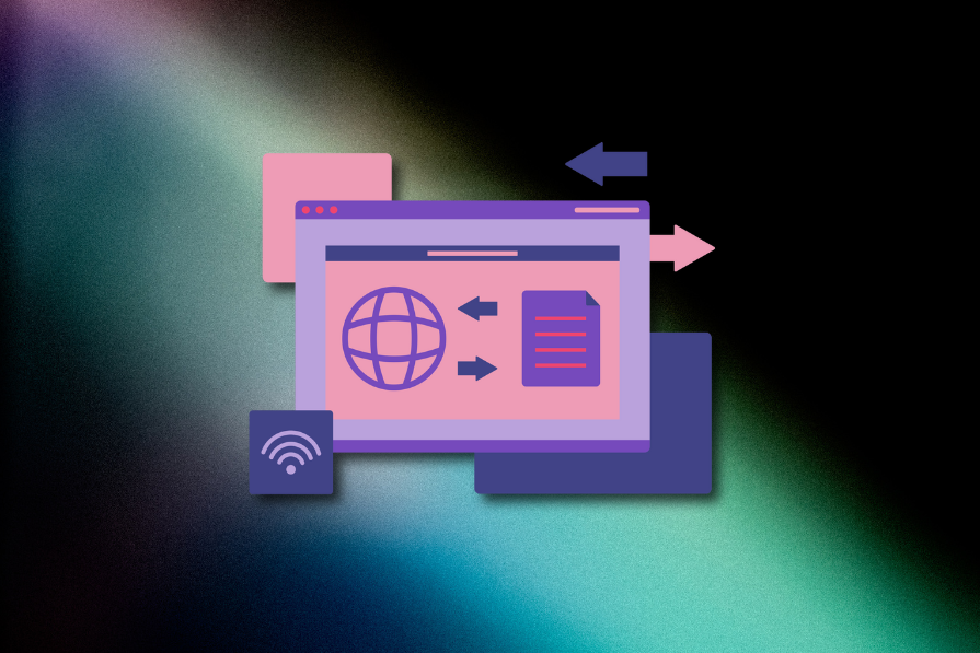 Ilustração de um monitor com ícones de globo e documento, setas direcionais e um símbolo de Wi-Fi sobre fundo degradê colorido.
