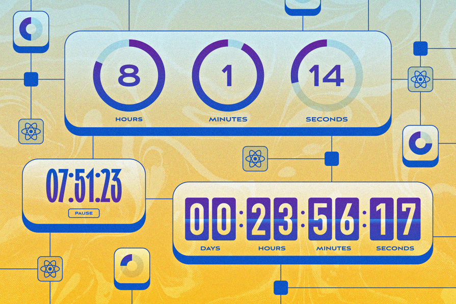 Ilustração de três cronômetros digitais em tons de azul e amarelo com diferentes unidades de tempo: horas, minutos e segundos.