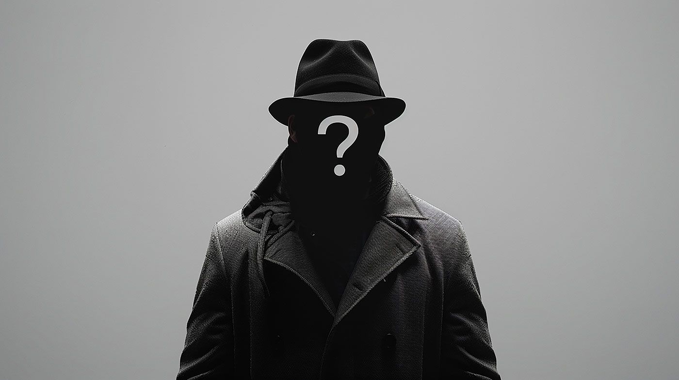 Silhueta de pessoa usando chapéu e casaco, com um ponto de interrogação no lugar da face, em fundo cinza neutro.