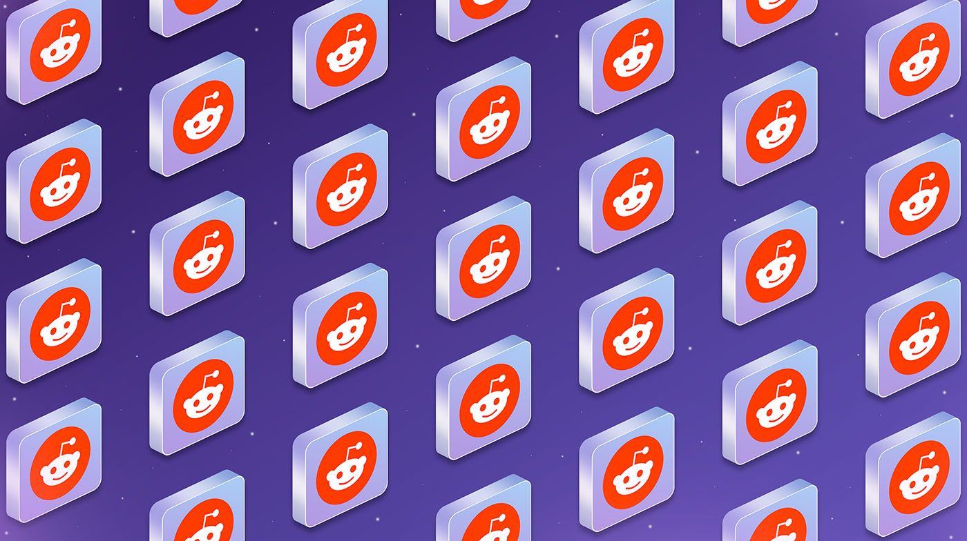 Imagem mostra várias placas flutuantes com o ícone do Reddit em um fundo espacial roxo com pequenas estrelas.