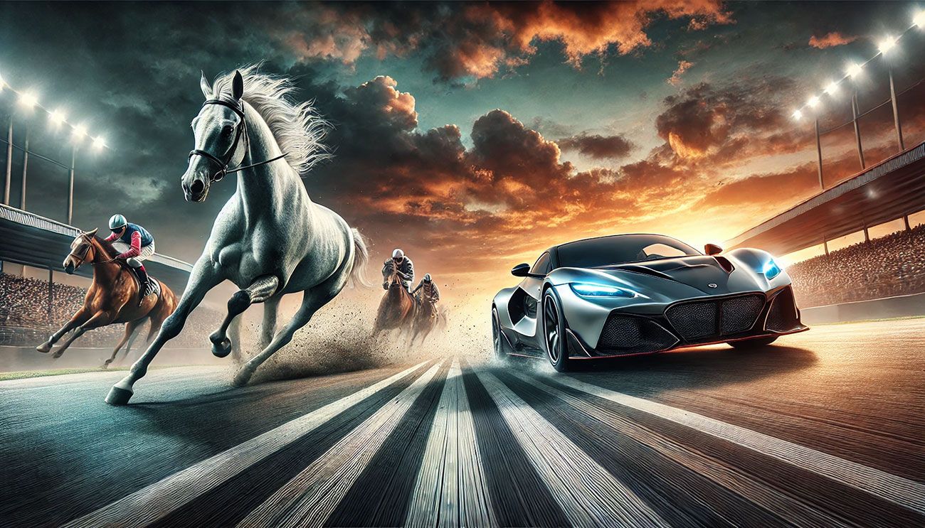 Cena dramática mostrando um carro esportivo moderno correndo ao lado de cavalos com jockeys em uma pista de corrida, sob um céu ao entardecer com nuvens.
