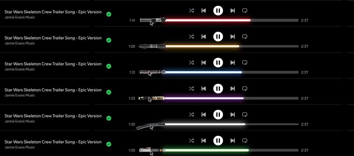 Interface de usuário de um player de música mostrando múltiplas faixas com títulos relacionados ao