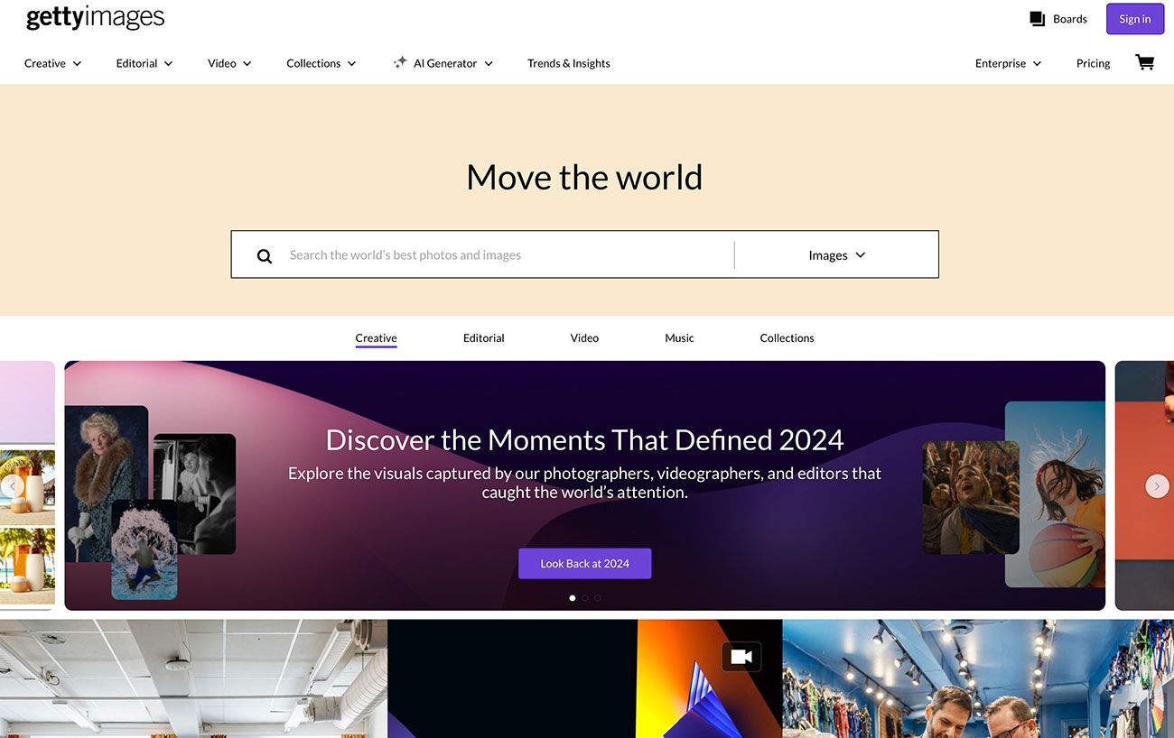 Página inicial do site Getty Images com barra de pesquisa, e uma seção sobre os momentos de 2024, mostrando diferentes imagens fotográficas.