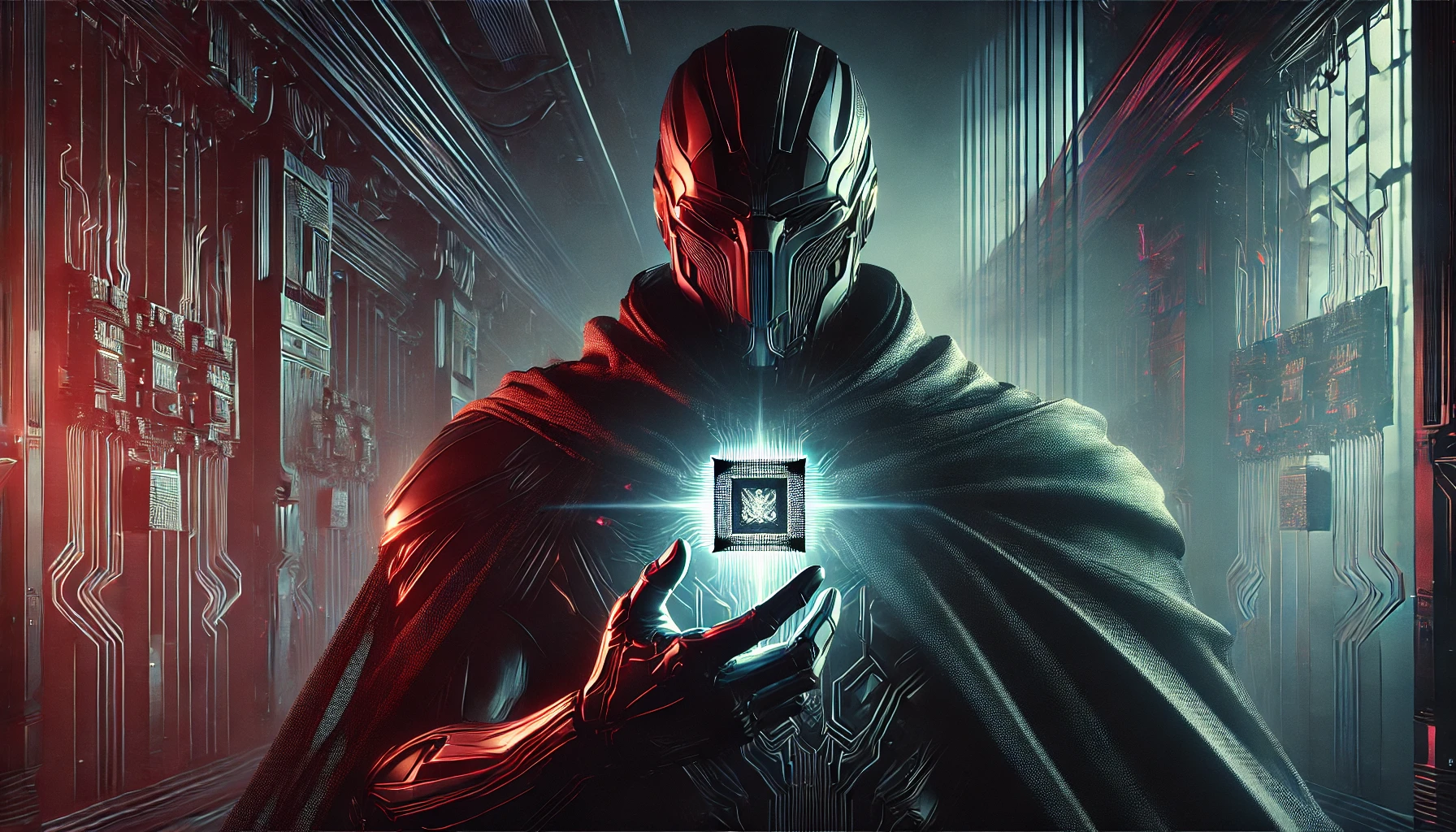 Figura misteriosa em armadura metálica e capa segura um cubo luminoso em um ambiente futurístico com circuitos e cabos.