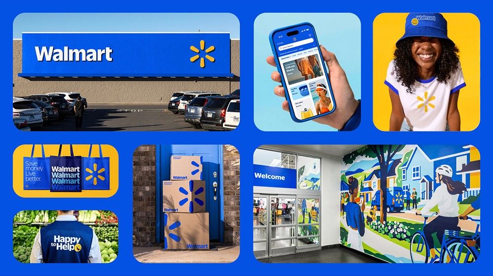 Colagem de imagens Walmart, inclui fachada da loja, aplicativo móvel, funcionária sorridente, uniformes, e mural interno colorido com personagens em atividades cotidianas.