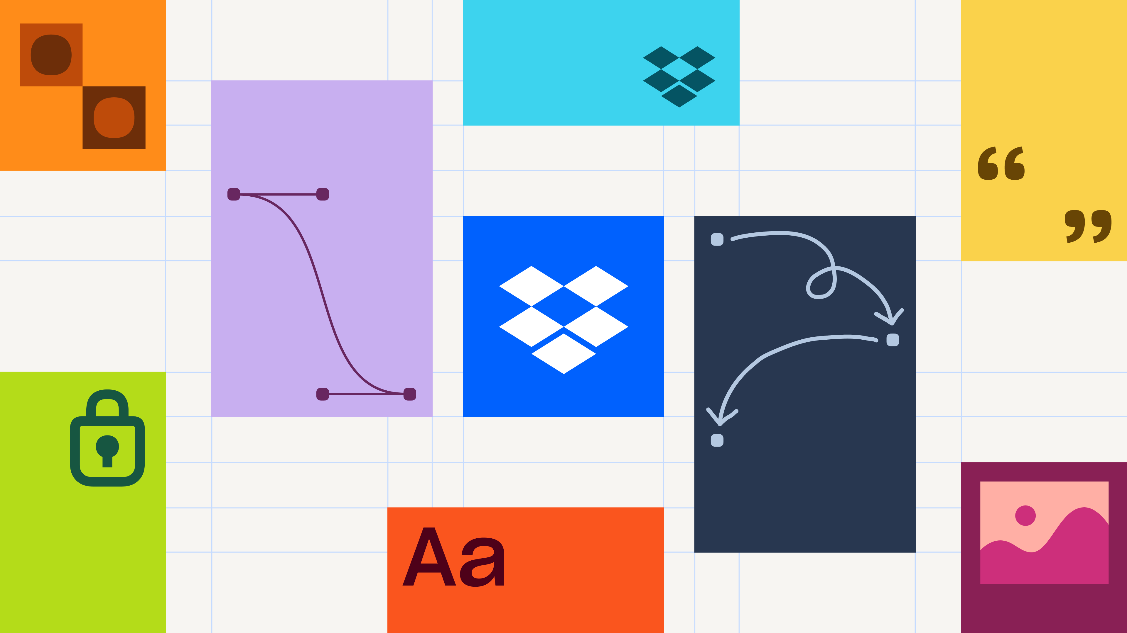 Grade com ícones variados como cadeado, texto, curvas e logos em blocos coloridos, representando diferentes elementos gráficos.