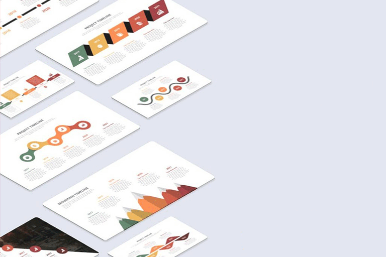 Vários infográficos organizados diagonalmente com gráficos, mapas e ícones coloridos, representando análise de dados e estadísticas.