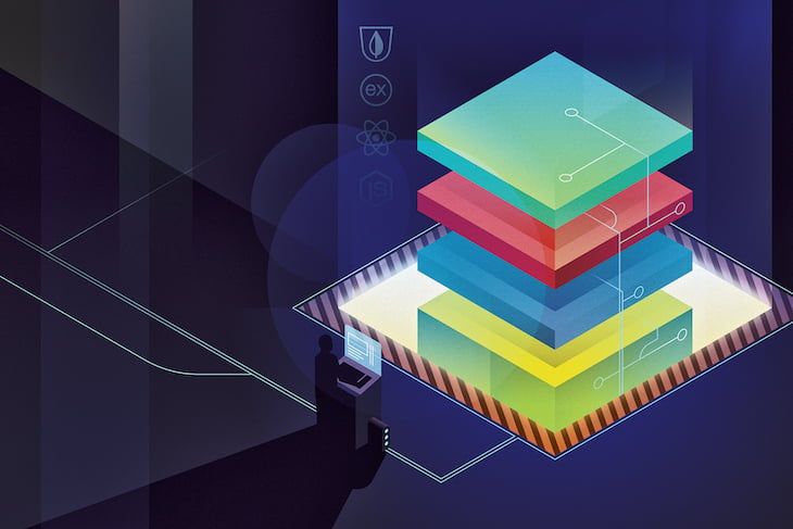 Ilustração de uma figura humana em silhueta controlando uma estrutura flutuante de camadas coloridas, que representam dados ou tecnologia, sobre um fundo escuro com ícones tecnológicos.