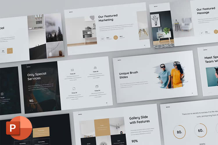 Uma coleção de designs de slides de apresentação com vários layouts e temas, mostrando imagens, textos e gráficos em uma disposição ordenada.