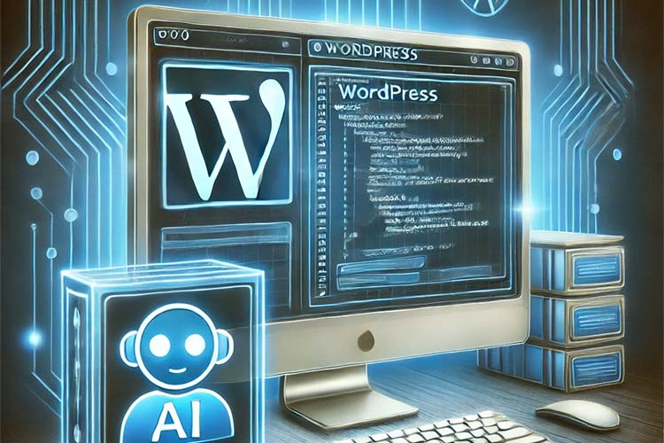 Ilustração tecnológica com monitor exibindo logo e interface do WordPress, rodeado por ícones de AI e padrões de circuitos azuis.