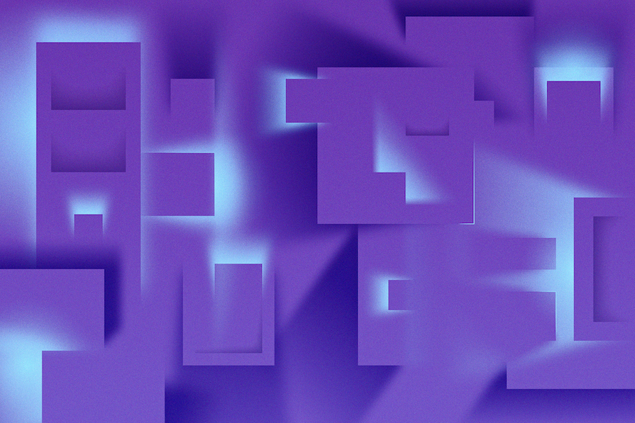 Papel de parede abstrato com formas geométricas sobrepostas em várias tonalidades de roxo e textura suave.