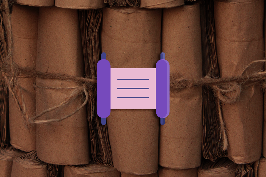 Rolos de papel marrom amarrados com barbante, com ícone de documento roxo no centro.