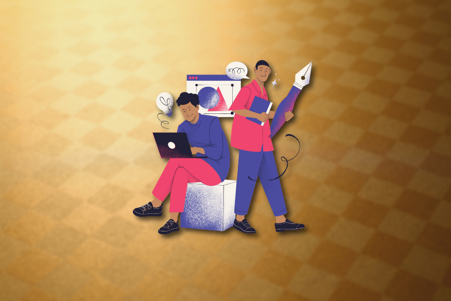 Duas pessoas jovens com aparência criativa com elementos de design digital e gráfico em um fundo amarelo texturizado.