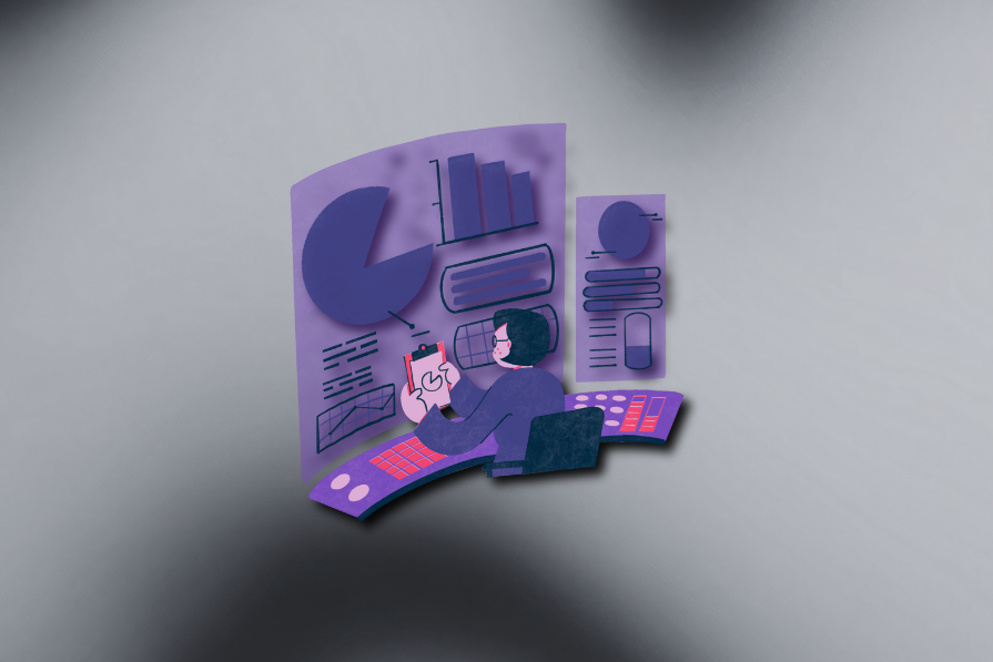Ilustração de uma pessoa sentada analisando dados em um celular, cercada por gráficos e diagramas em tons de roxo e azul.
