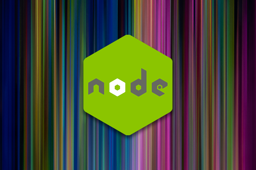 Logotipo verde neon do Node.js em um hexágono, sobre um fundo vertical listrado multicolorido.