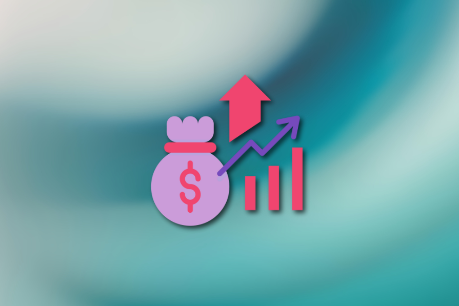 Ilustração de um saco de dinheiro rosa com o símbolo de dólar e um gráfico de seta apontando para cima sobre fundo degradê azul.