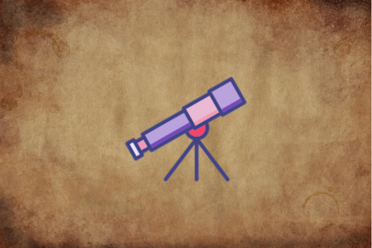 Ilustração de um telescópio roxo e rosa montado sobre um tripé, contra um fundo texturizado que simula papel envelhecido.