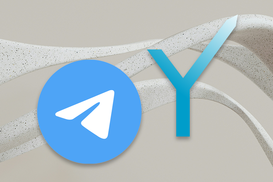 Ícones do Telegram e da Yandex sobre um fundo neutro com faixas curvas texturizadas.