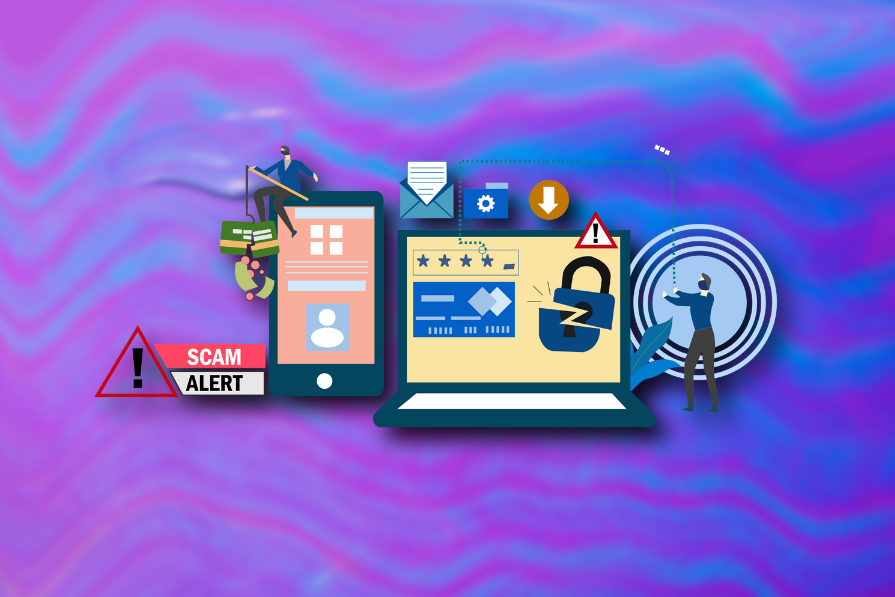 Ilustração em fundo ondulado colorido mostrando elementos gráficos de segurança digital como cadeado, laptop e smartphones, acompanhados de ícones e sinais de alerta de golpe.