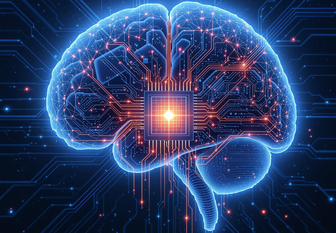 Ilustração de um cérebro estilizado com circuitos e conexões digitais representando inteligência artificial, destacando uma rede neural complexa sobre fundo azul tecnológico.