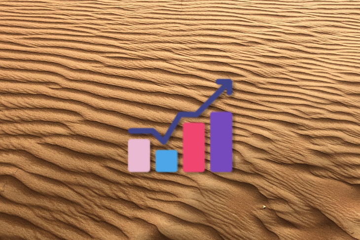 Gráfico de barras coloridas com seta ascendente sobre fundo de areia com padrões ondulados.