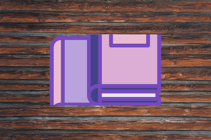 Ícone de livro roxo em estilo simples sobre um fundo de madeira escura texturizada.