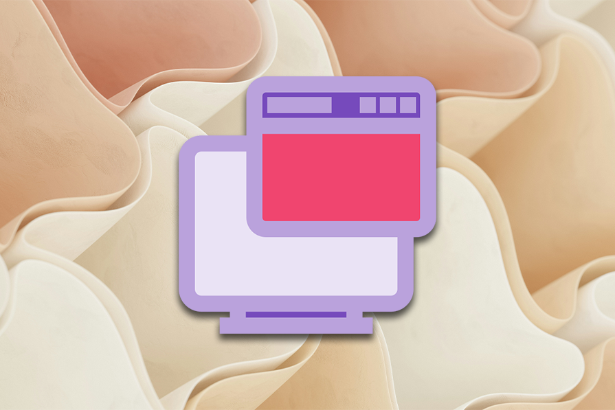 Ícone estilizado de um navegador de internet em tons de roxo sobre um fundo abstrato com formas onduladas em tons de bege e creme.